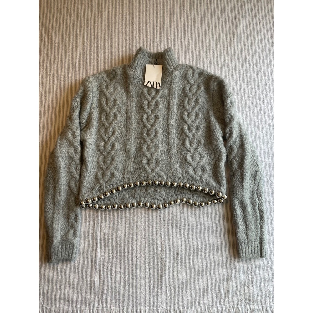 Zara Soft Grey‎ Cable Knit Cropped Sweater Silver Bead Embellished Mock Neck NEW